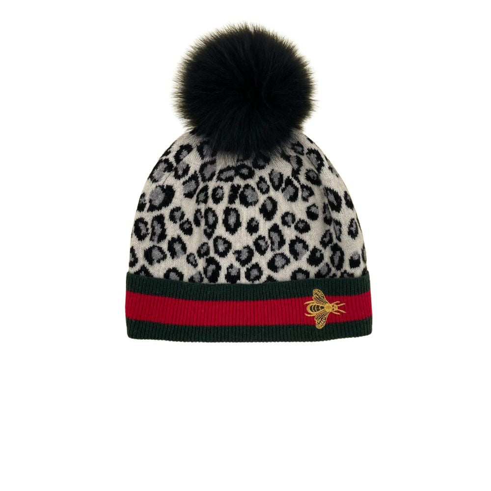 BLEND KNITTED BEE HAT FOX POM POM - ANIMAL PRINT BLACK