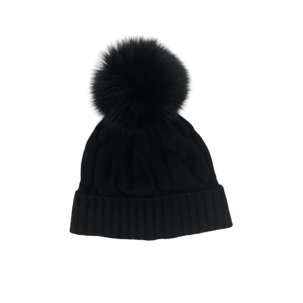 CASHMERE & FOX FUR CABLE HAT WITH POM POM - BLACK