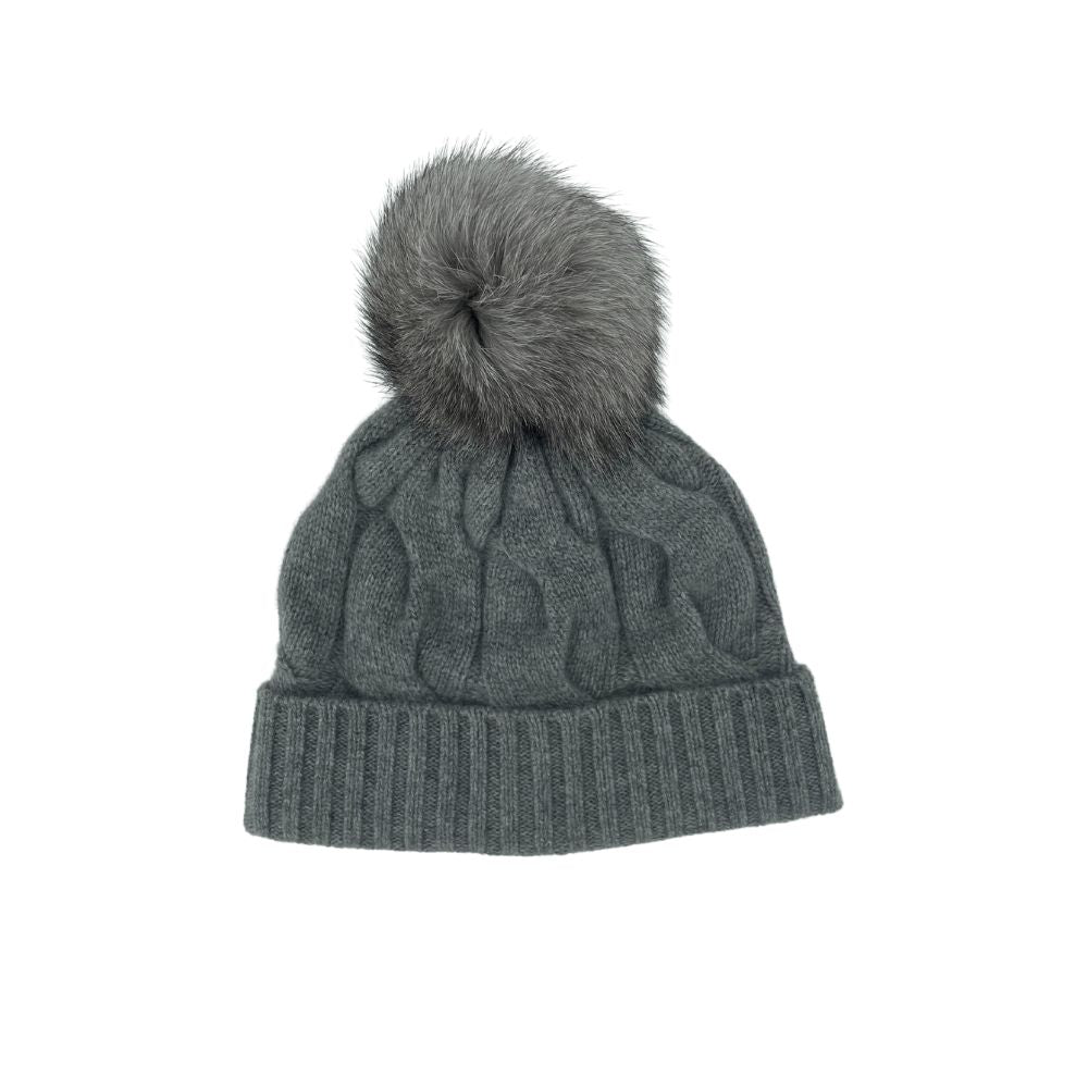 CASHMERE & FOX FUR CABLE HAT WITH POM POM - GREY