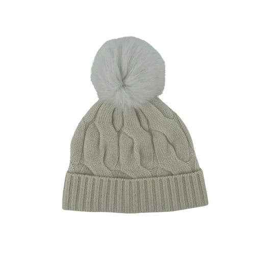 CASHMERE & FOX FUR CABLE HAT WITH POM POM - WHITE