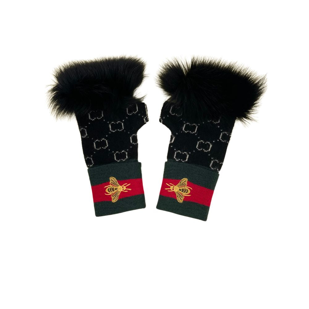 KNITTED FINGERLESS GLOVES FOX TRIM - BLACK