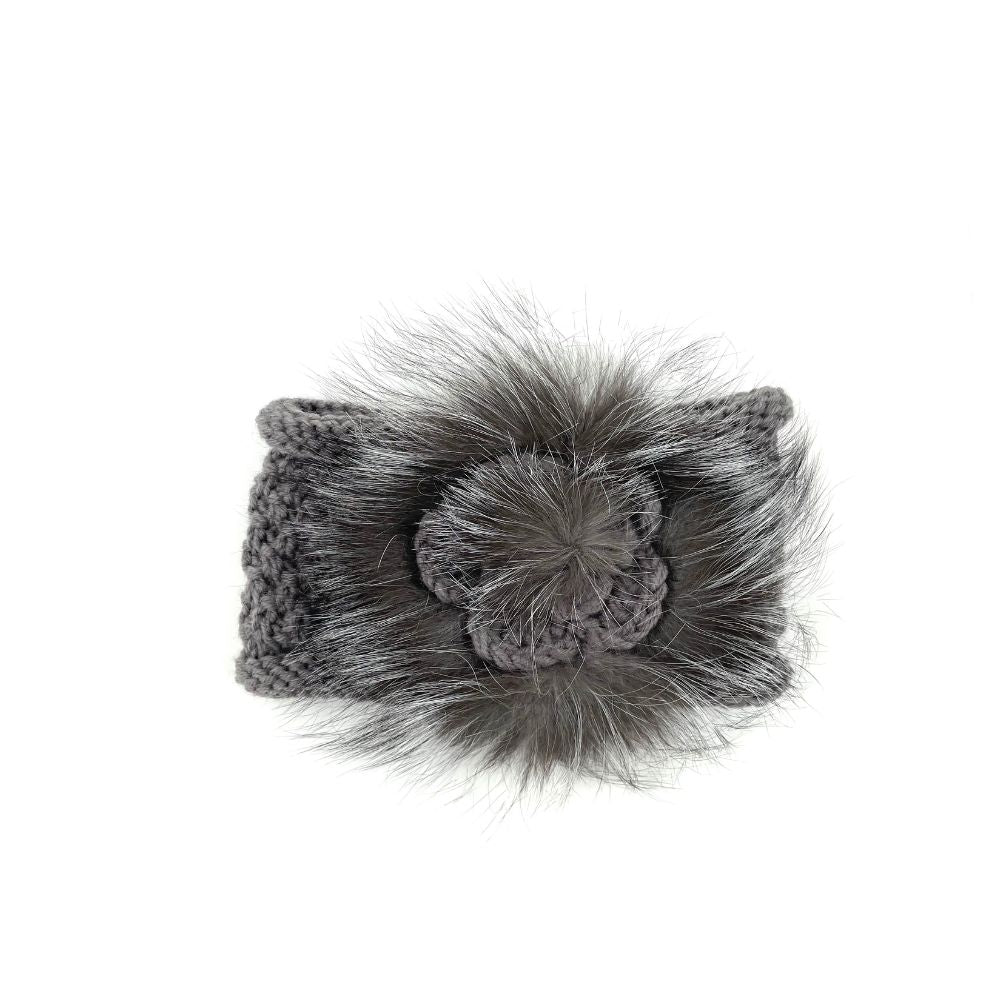 KNITTED HEADBAND WITH FOX FUR - GREY