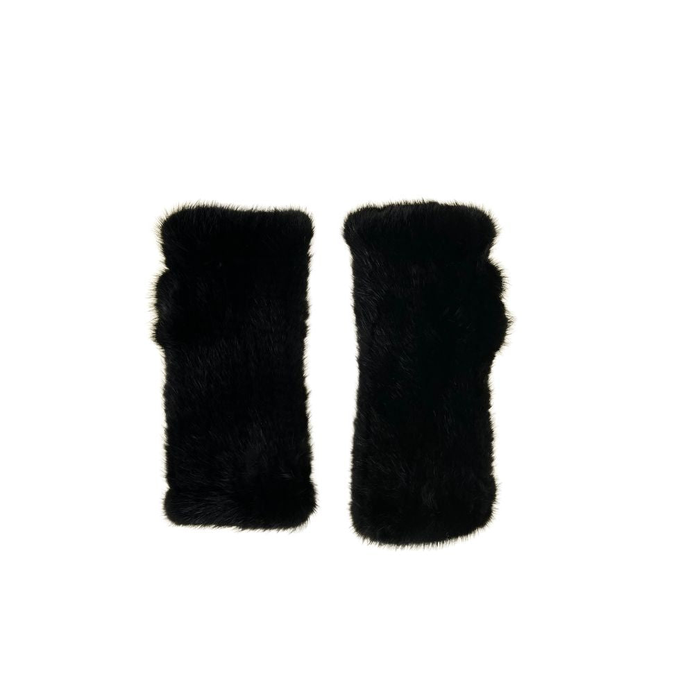 KNITTED MINK FINGERLESS GLOVES - BLACK