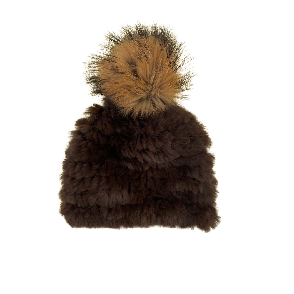 KNITTED RABBIT HAT FOX POM POM - BROWN