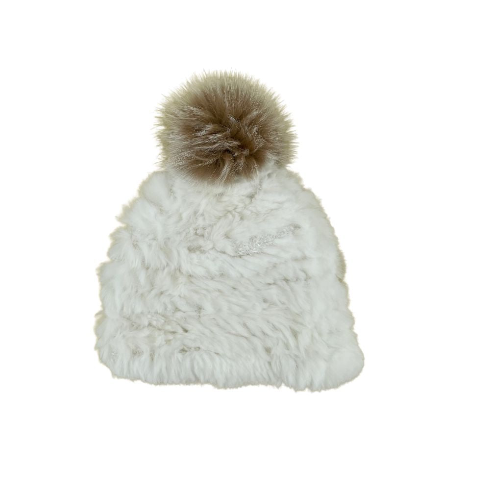 KNITTED RABBIT HAT RACCOON POM POM - WHITE