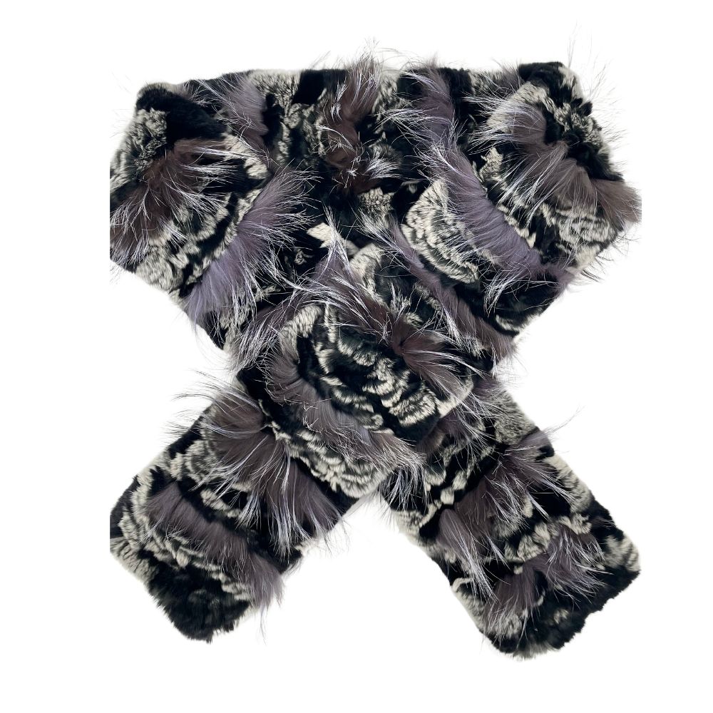 KNITTED REX RABBIT SCARF WITH FOX TRIM - GREY