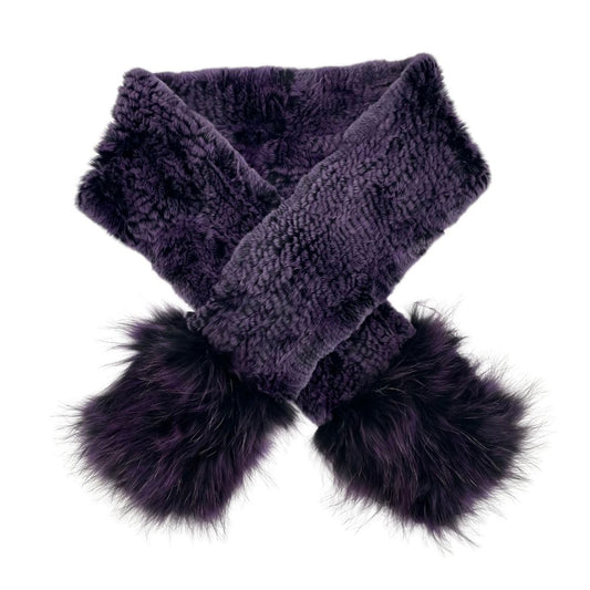 KNITTED REX RABBIT SCARF WITH FOX TRIM ON POCKETS - PURPLE