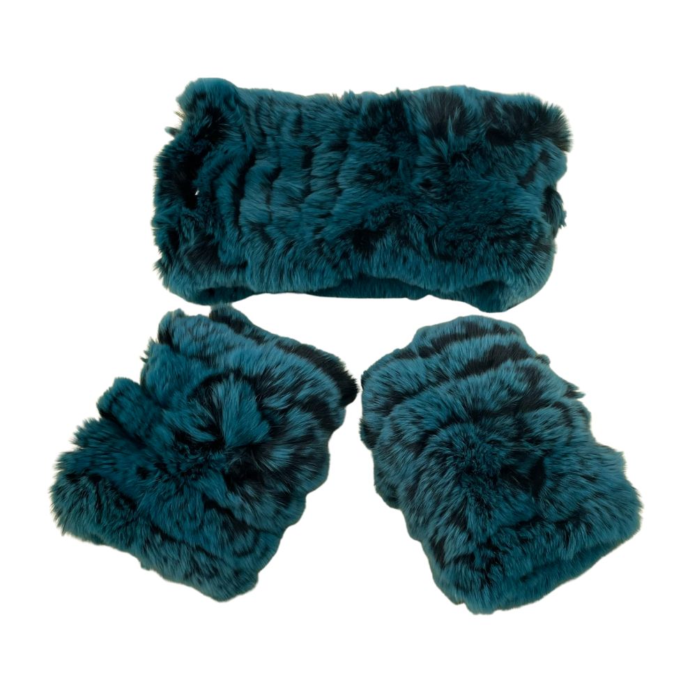 KNITTED REX RABBIT SET: GLOVES & SCARF - AQUA BLUE