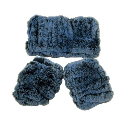 KNITTED REX RABBIT SET: GLOVES & SCARF - BLUE