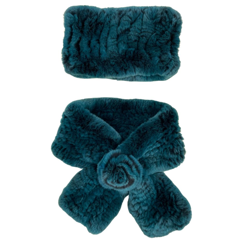 SET KNITTED REX RABBIT SCARF AND HEADBAND - AQUA