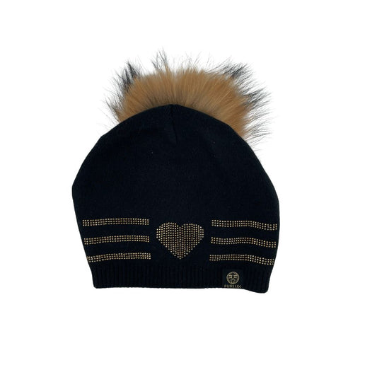 WOOL & CASHMERE HAT WITH FOX FUR POM POM - BLACK