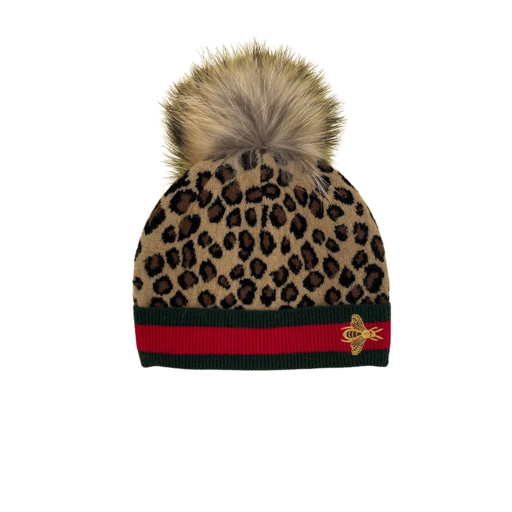 BLEND KNITTED BEE HAT FOX POM POM - ANIMAL PRINT BROWN