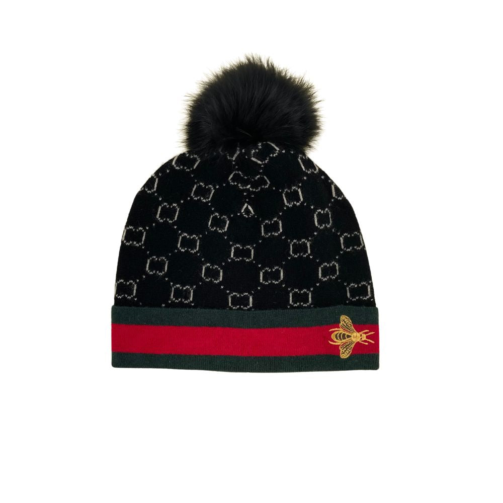 BLEND KNITTED BEE HAT FOX POM POM - BLACK