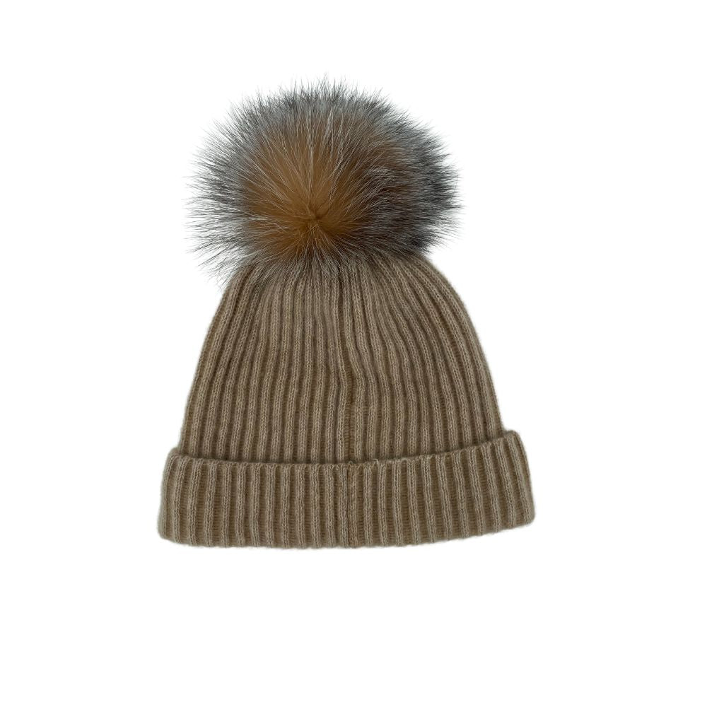 CASHMERE & FOX FUR HAT WITH POM POM - CAMEL