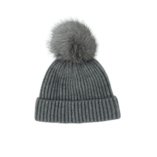 CASHMERE & FOX FUR HAT WITH POM POM - GREY