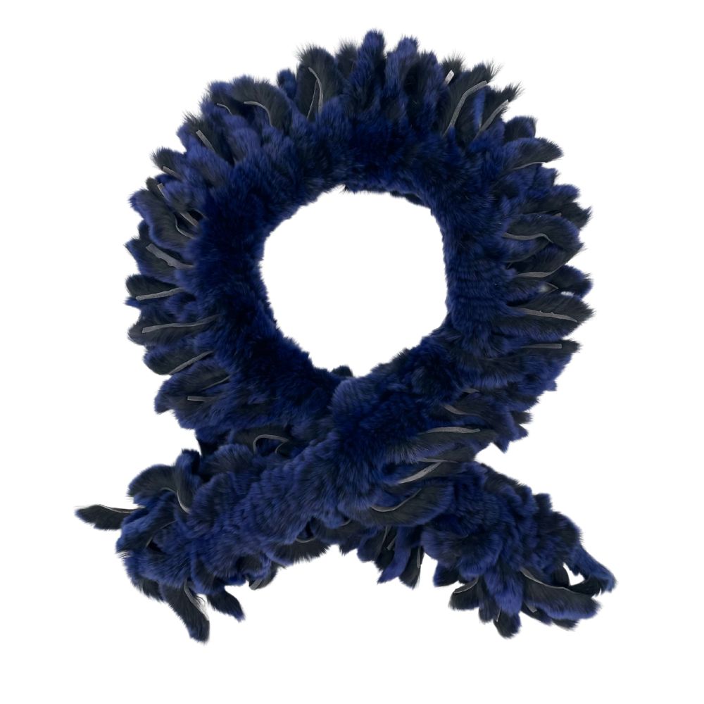 KNITTED REX RABBIT FUR SCARF WITH FRINGES - BLUE