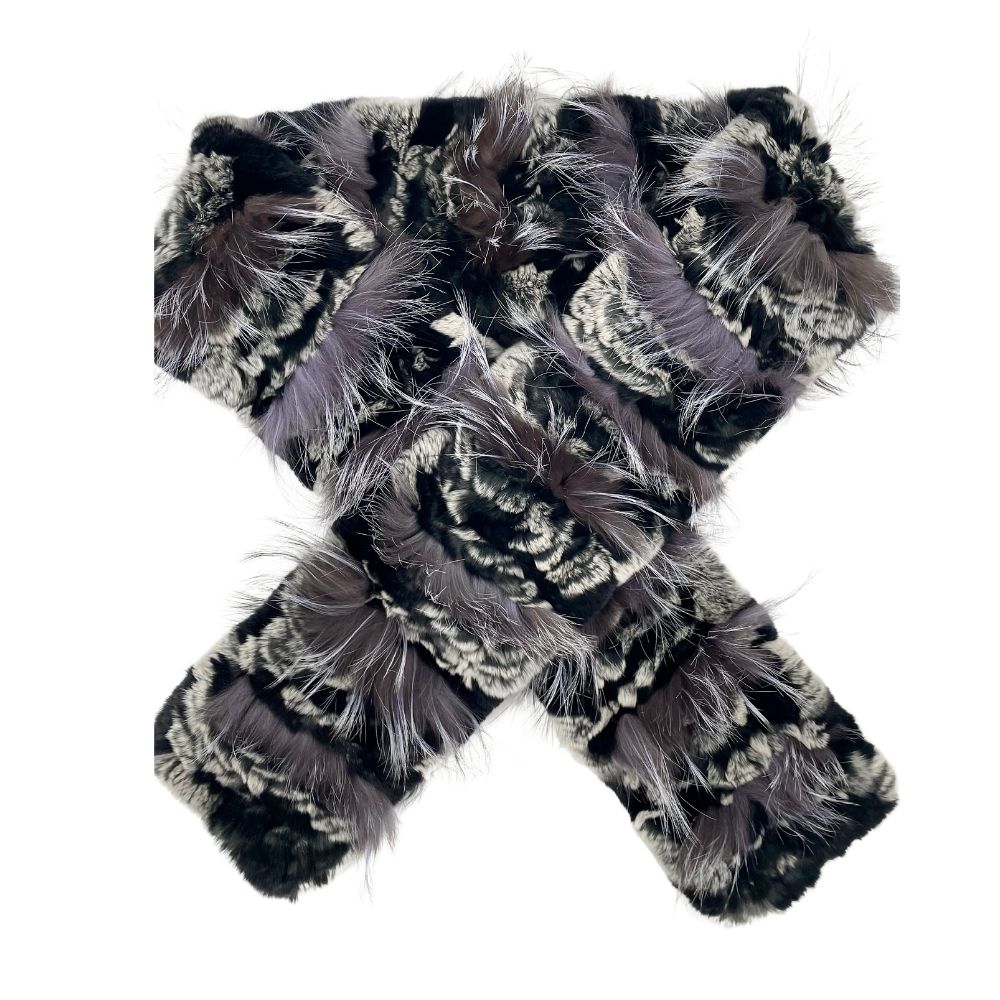 KNITTED REX RABBIT SCARF WITH FOX TRIM - GREY – Yfur