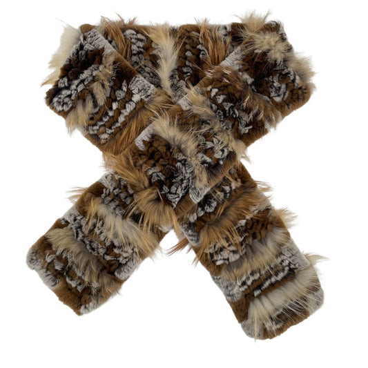 KNITTED REX RABBIT SCARF WITH FOX TRIM BROWN