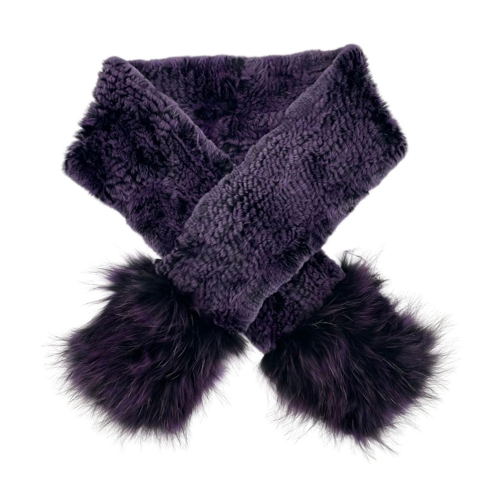 KNITTED REX RABBIT SCARF WITH FOX TRIM ON POCKETS - PURPLE
