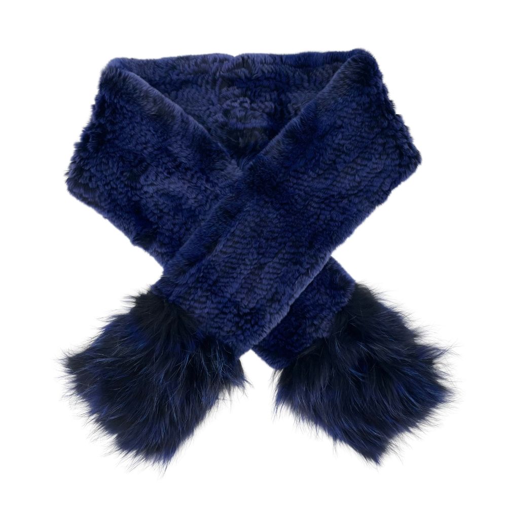 KNITTED REX RABBIT SCARF WITH FOX TRIM ON POCKETS - INK – Yfur