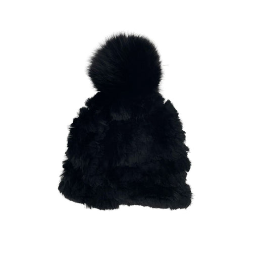 RABBIT KNITTED HAT WITH FOX FUR POM POM - BLACK