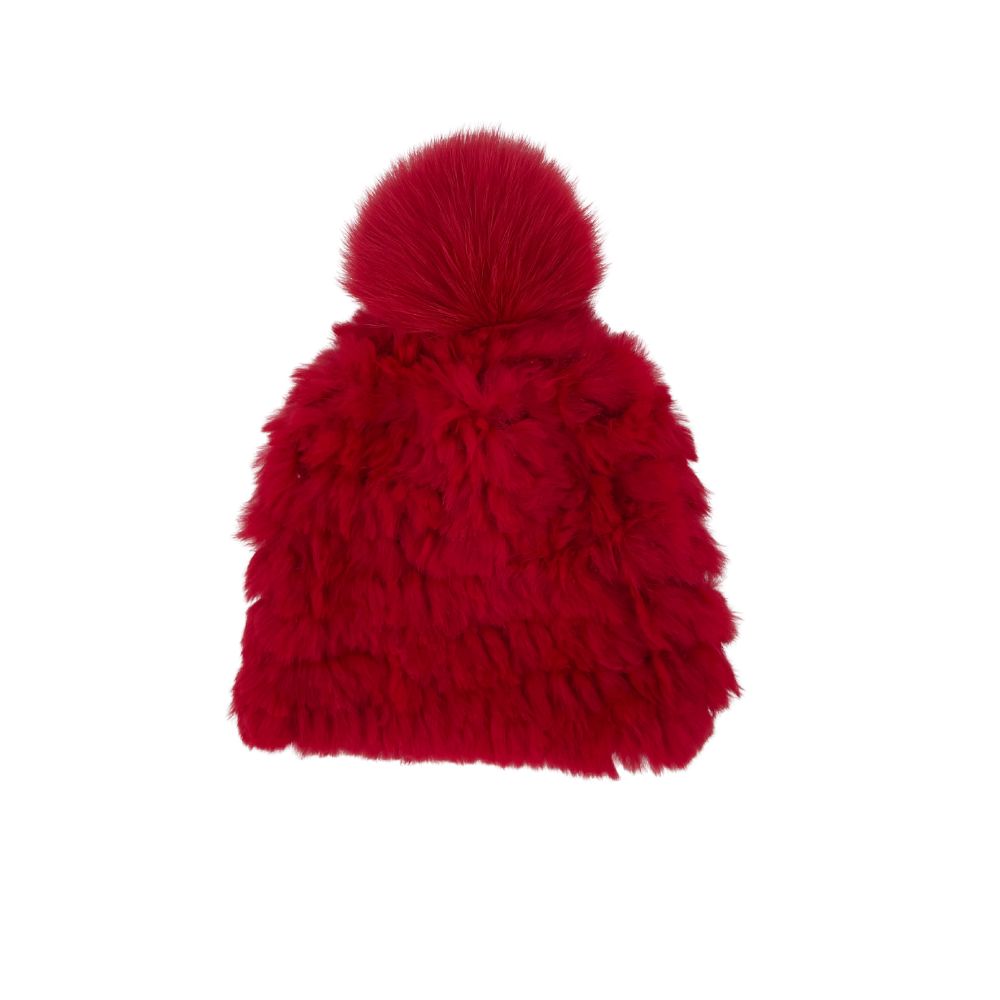 RABBIT KNITTED HAT WITH FOX FUR POM POM - RED