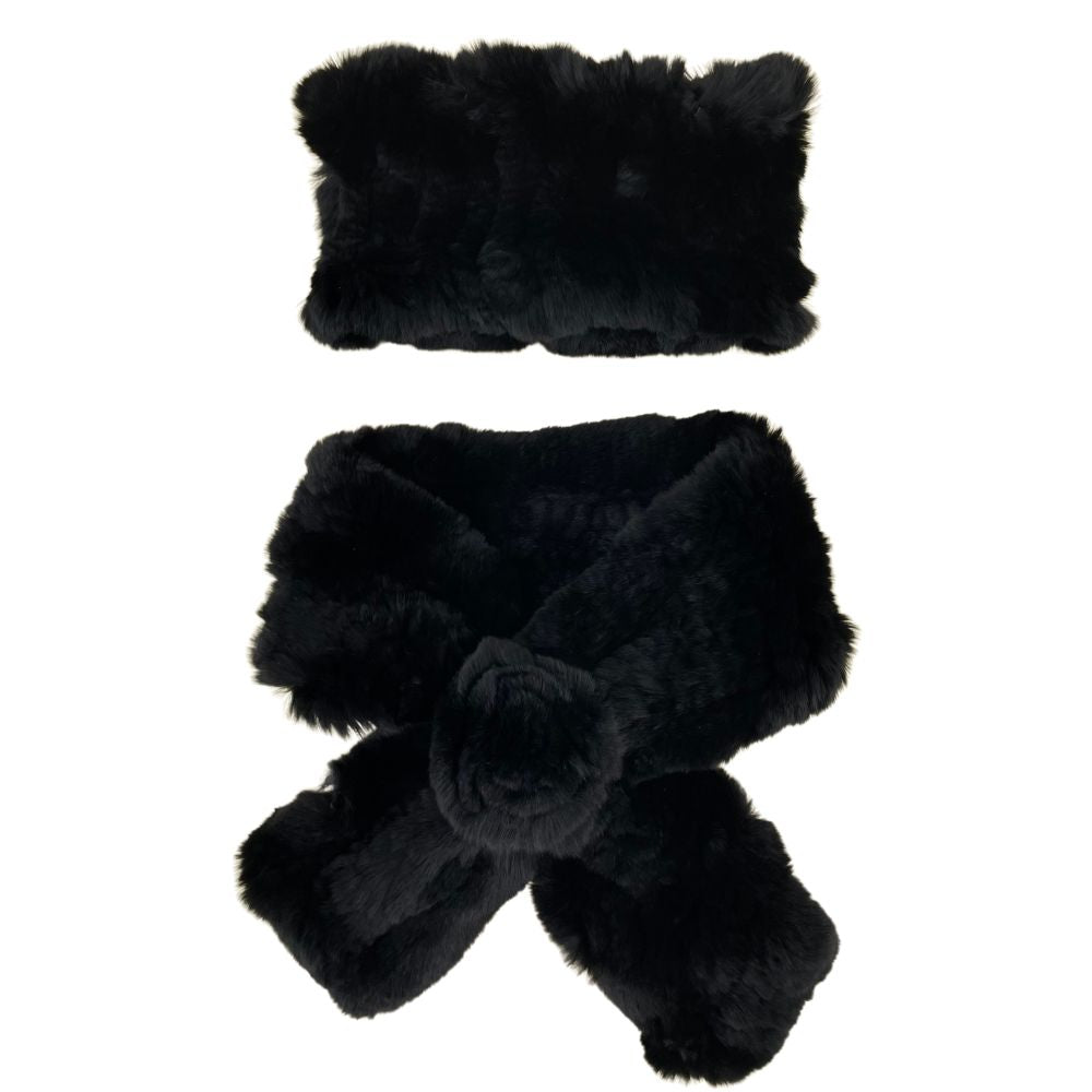 SET KNITTED REX RABBIT SCARF AND HEADBAND - BLACK