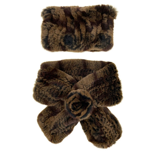SET KNITTED REX RABBIT SCARF AND HEADBAND BROWN MIX