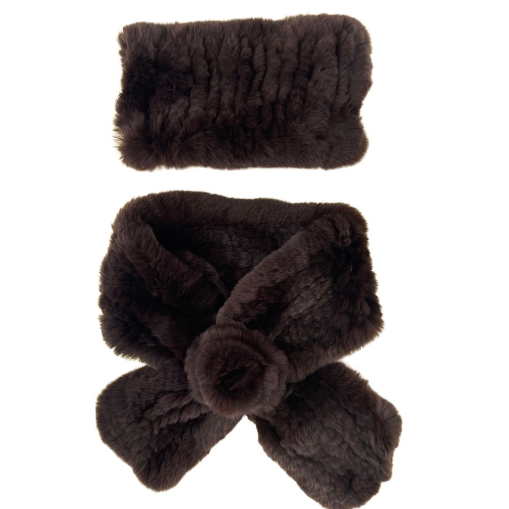 SET KNITTED REX RABBIT SCARF AND HEADBAND - DARK BROWN – Yfur