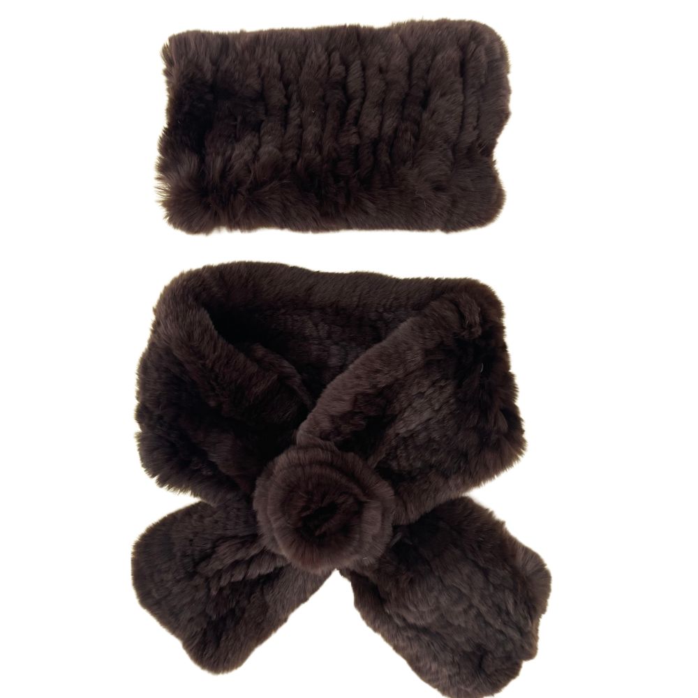 SET KNITTED REX RABBIT SCARF AND HEADBAND - DARK BROWN