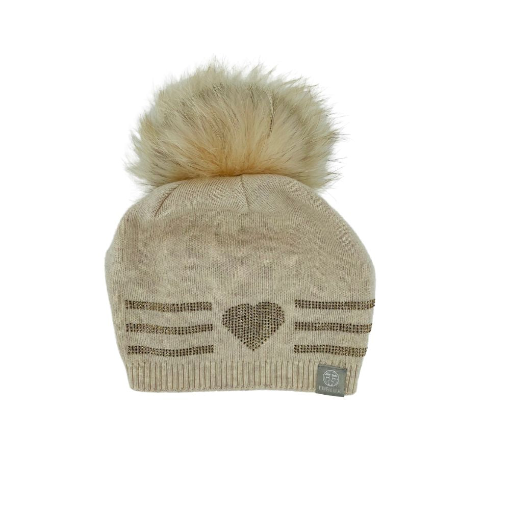 WOOL & CASHMERE HAT WITH FOX FUR POM POM - SAND