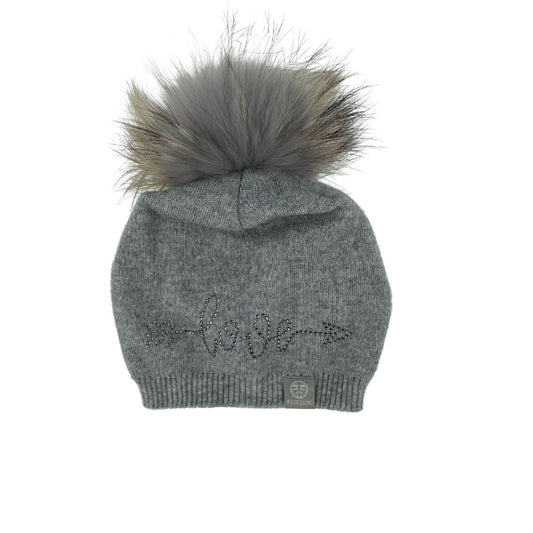 WOOL & CASHMERE HAT WITH FOX FUR POM POM - GREY