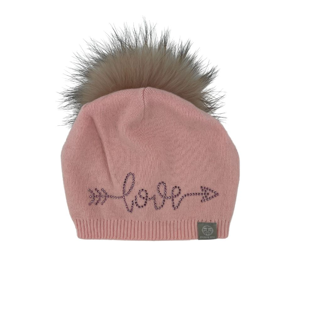 WOOL AND CASHMERE HAT WITH FOX FUR POM POM - PINK
